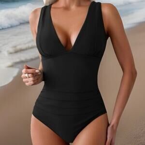 Eomenie Womens One Piece Swimsuit Large Black Ribbed V Neck Tummy Control